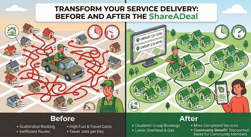Before ShareADeal: scattered bookings, $100 prices, wasted travel. After ShareADeal: grouped bookings, $85 group prices, organised routes and a discount applied for customers.